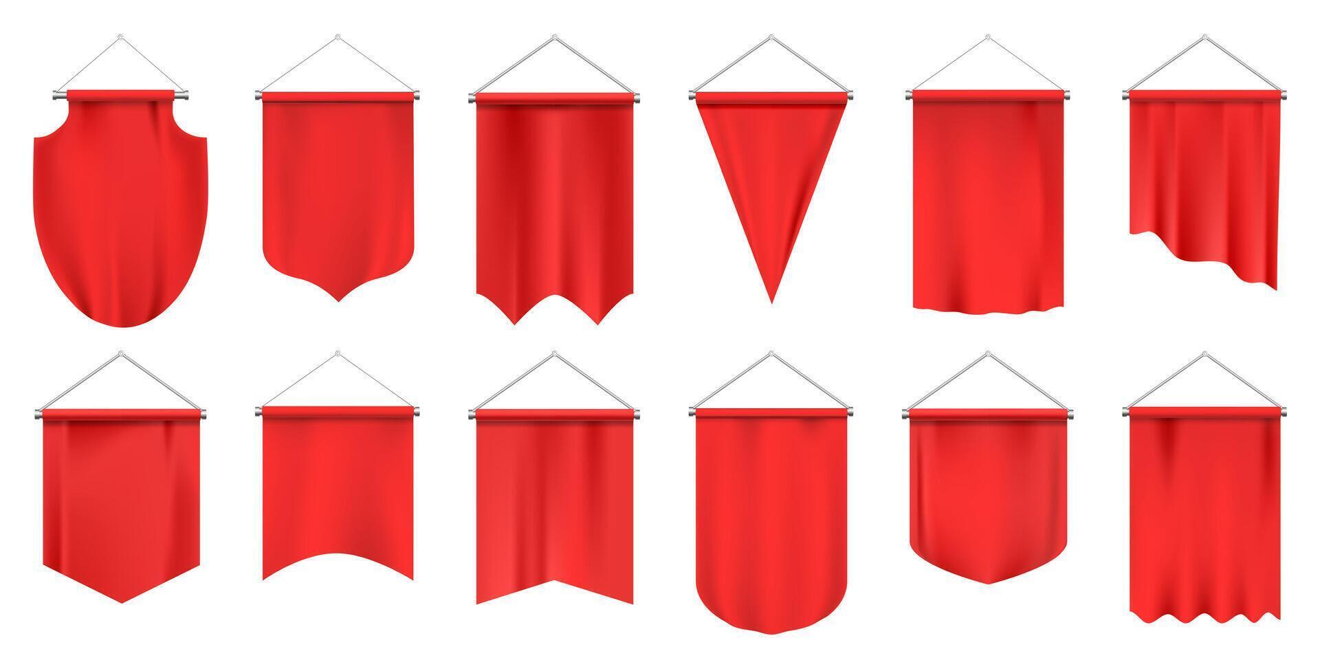 realista textil banderines vacío 3d banderas, rojo tela colgando banderín, publicidad o real premio maquetas aislado vector ilustración conjunto