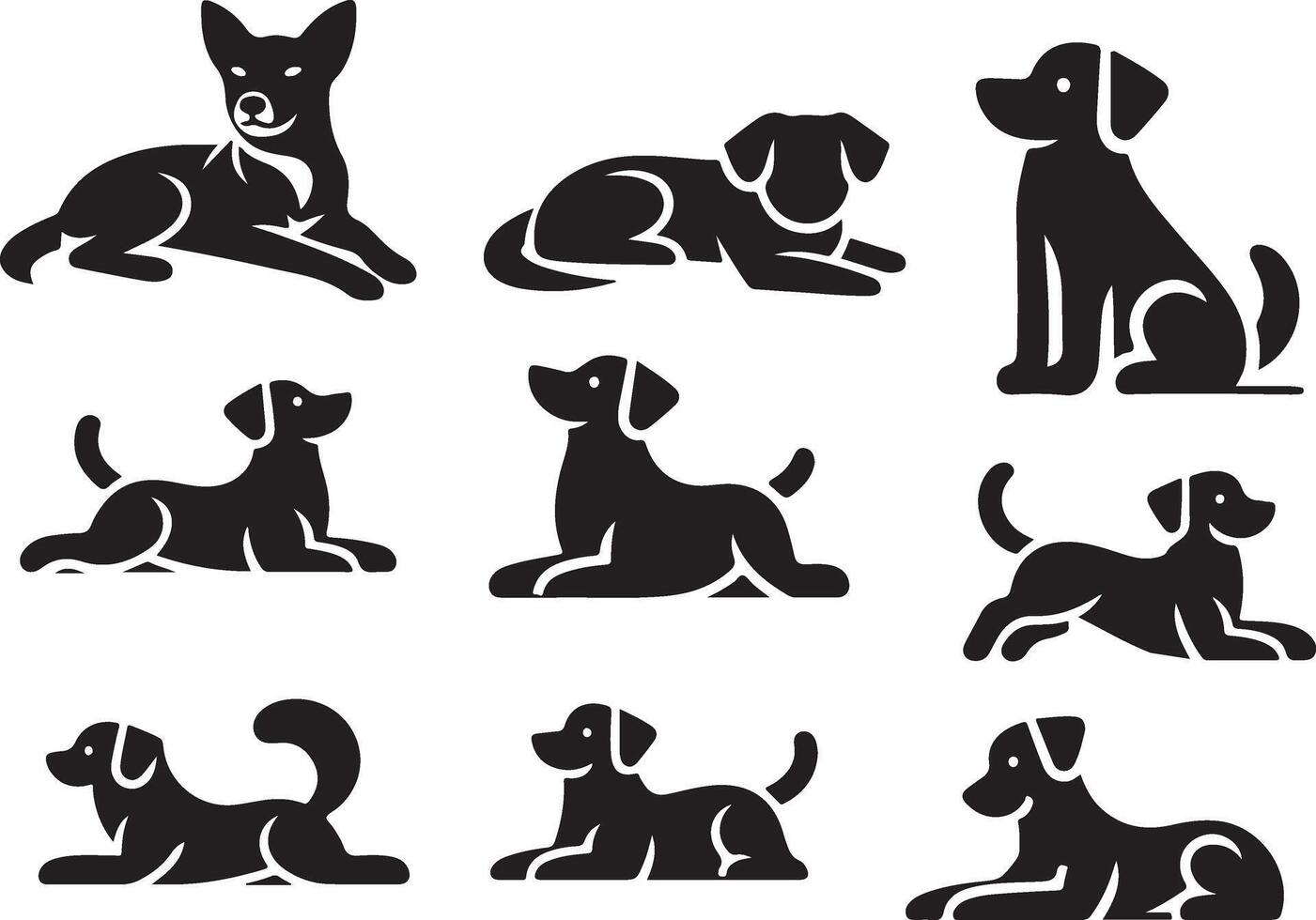 mínimo conjunto de un perro laico abajo diferente actitud vector icono en plano estilo negro color silueta, apartado cada elemento, blanco antecedentes 2