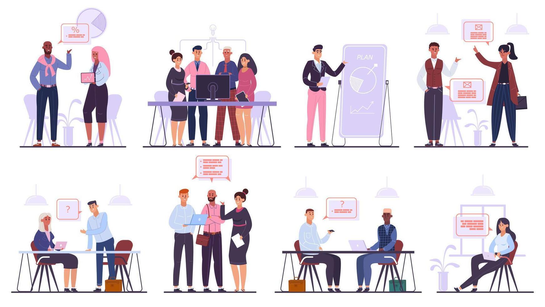 Business team characters. Teamwork business meeting and brainstorming, professional office people conference isolated vector illustration set