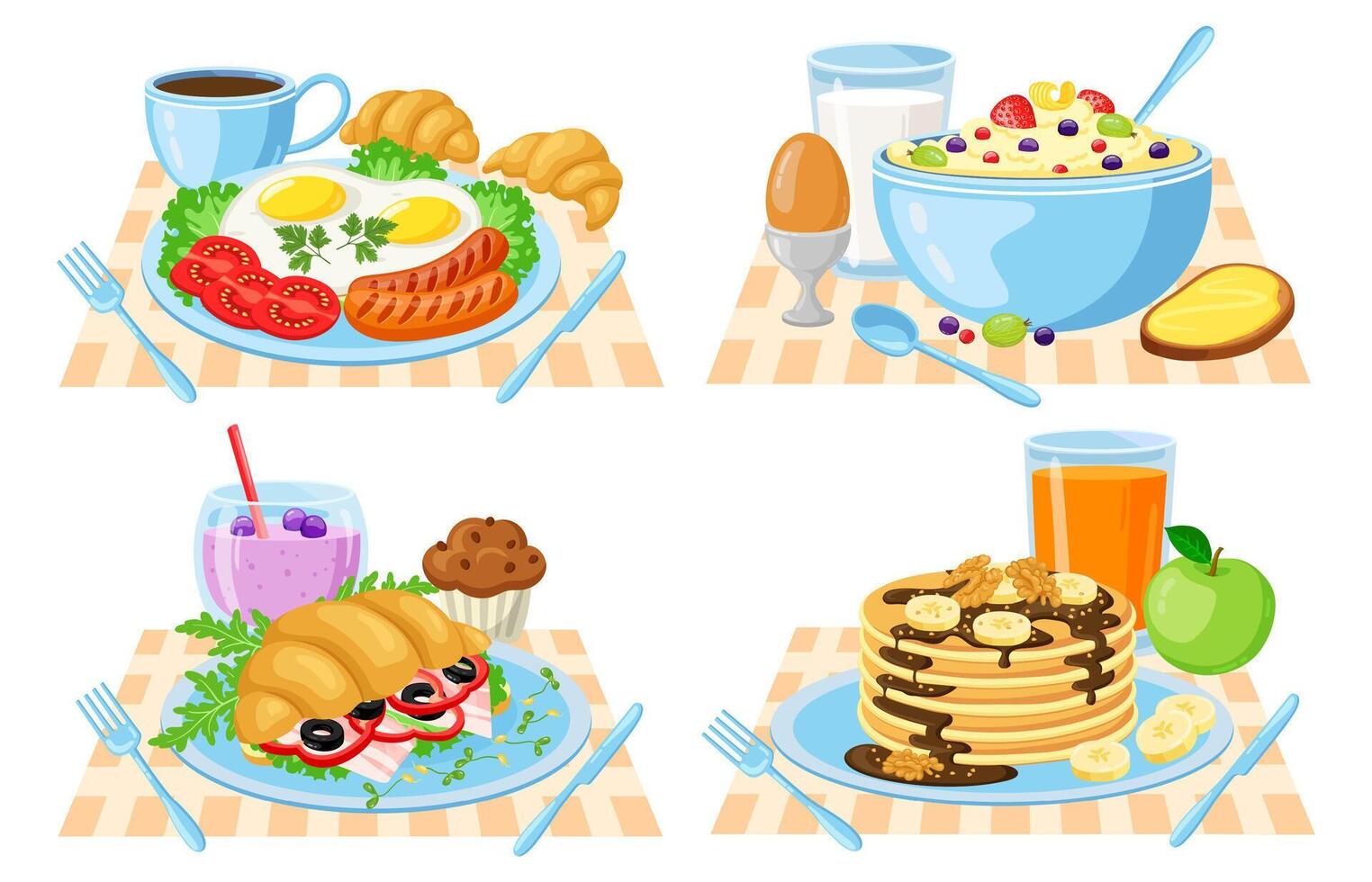 dibujos animados desayuno. saludable, delicioso desayuno menú, panqueques, cuerno, verduras, naranja jugo y café. desayuno comida vector ilustraciones