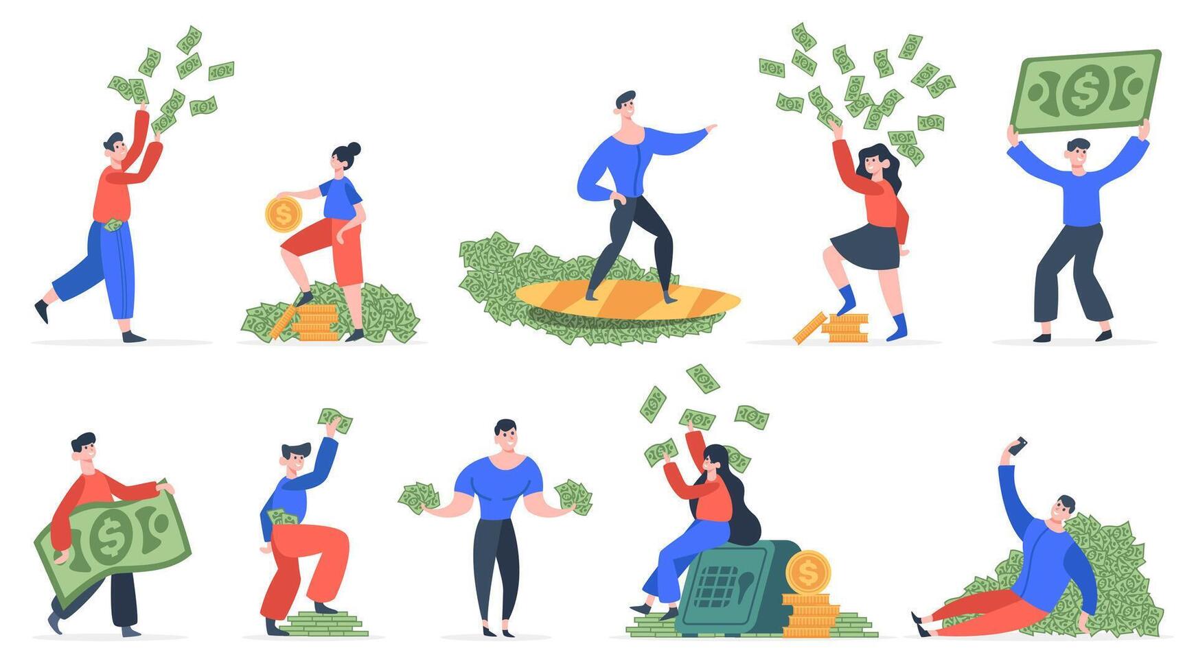 Rich people. Successful men and women with big money, financial success, wealth and luxury. Rich people scatter money vector illustration set