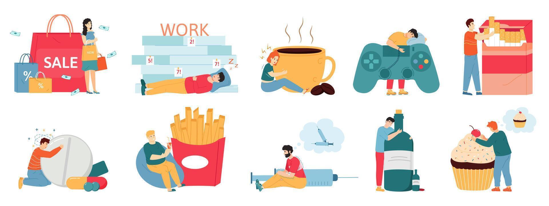 Bad habits. People addictions, alcoholism, smoking, shopping and overeating. Male and female characters addictions problems vector illustrations