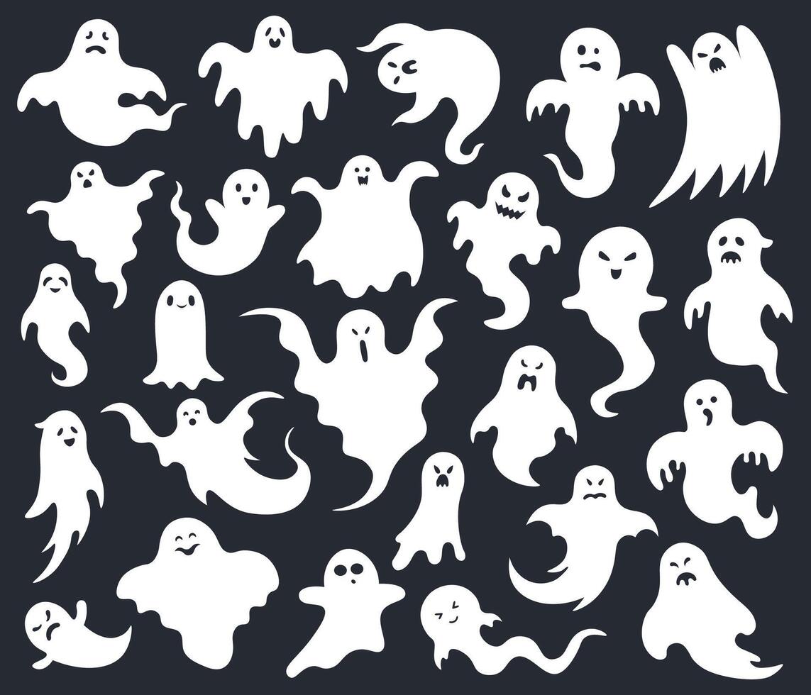 Halloween horror ghost. Spooky scary ghosts, ghost funny cute character, phantom ghostly halloween mascots vector illustration set