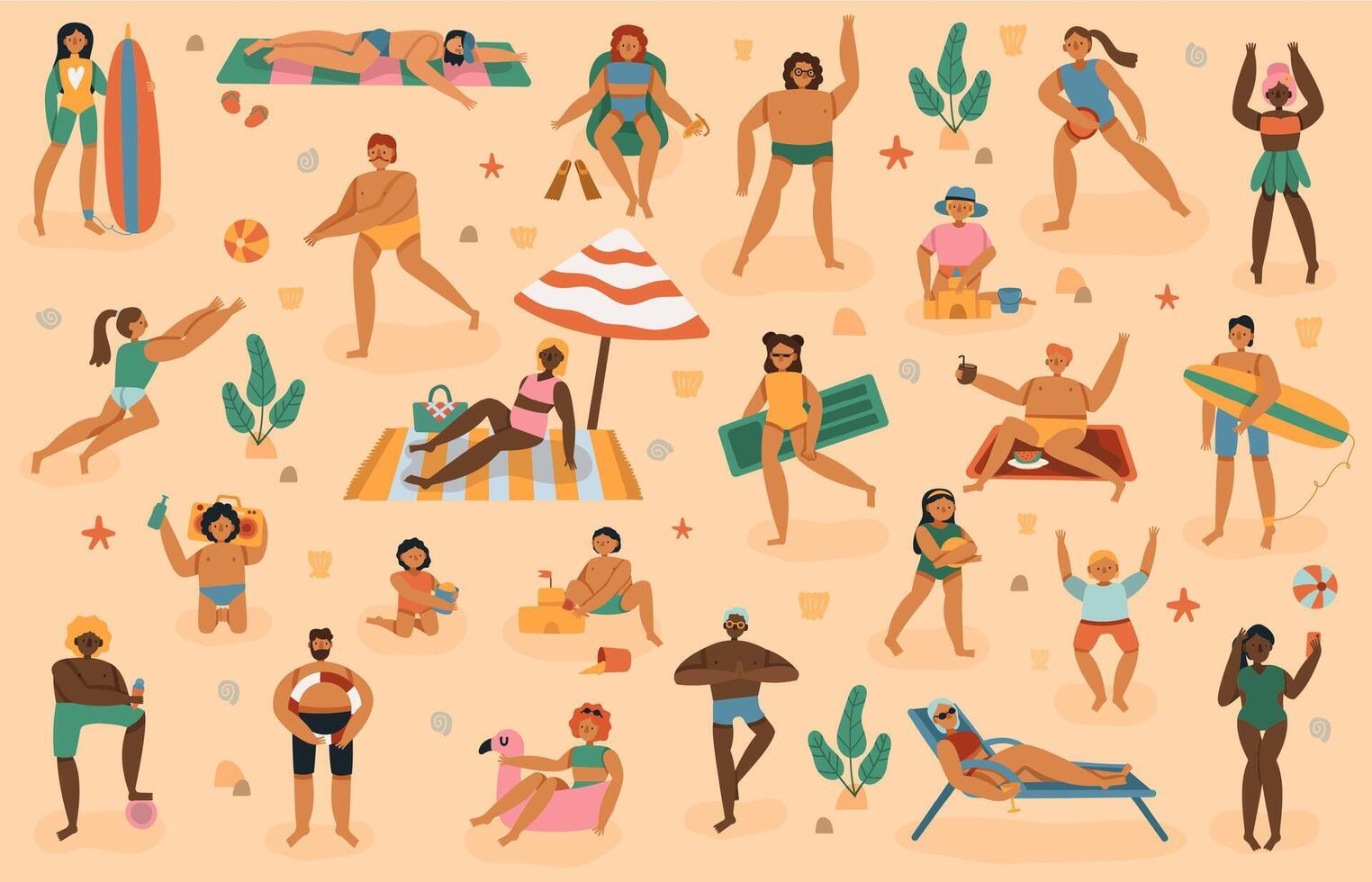 Beach people. Summertime sand beach vacation, man, woman, family with kids sunbathing, play, lying on towels sunbath vector illustration set