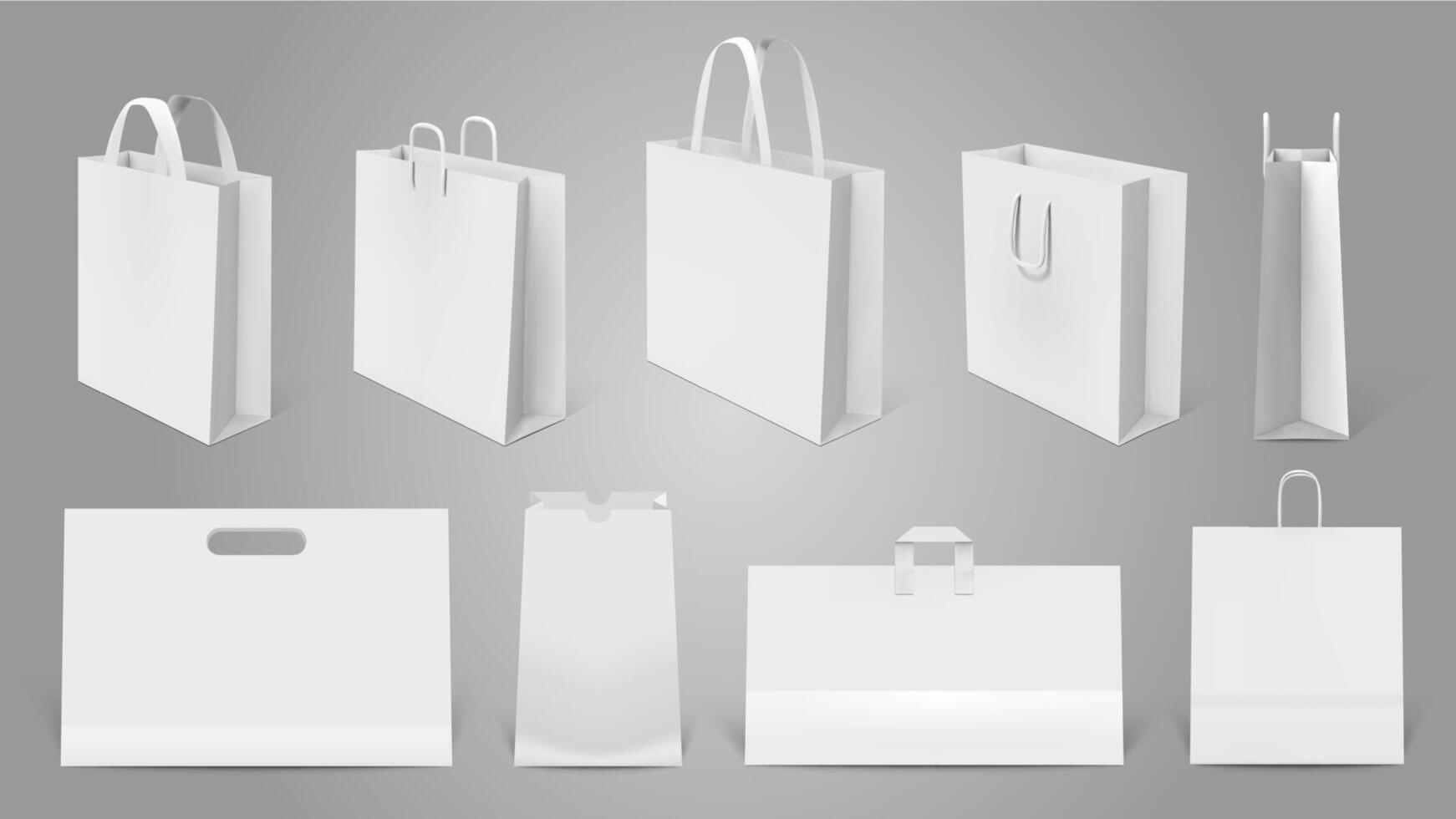 Realistic shopping bag. White paper empty bags, 3d modern shopping bag mockup. Packaging templates isolated vector illustration set