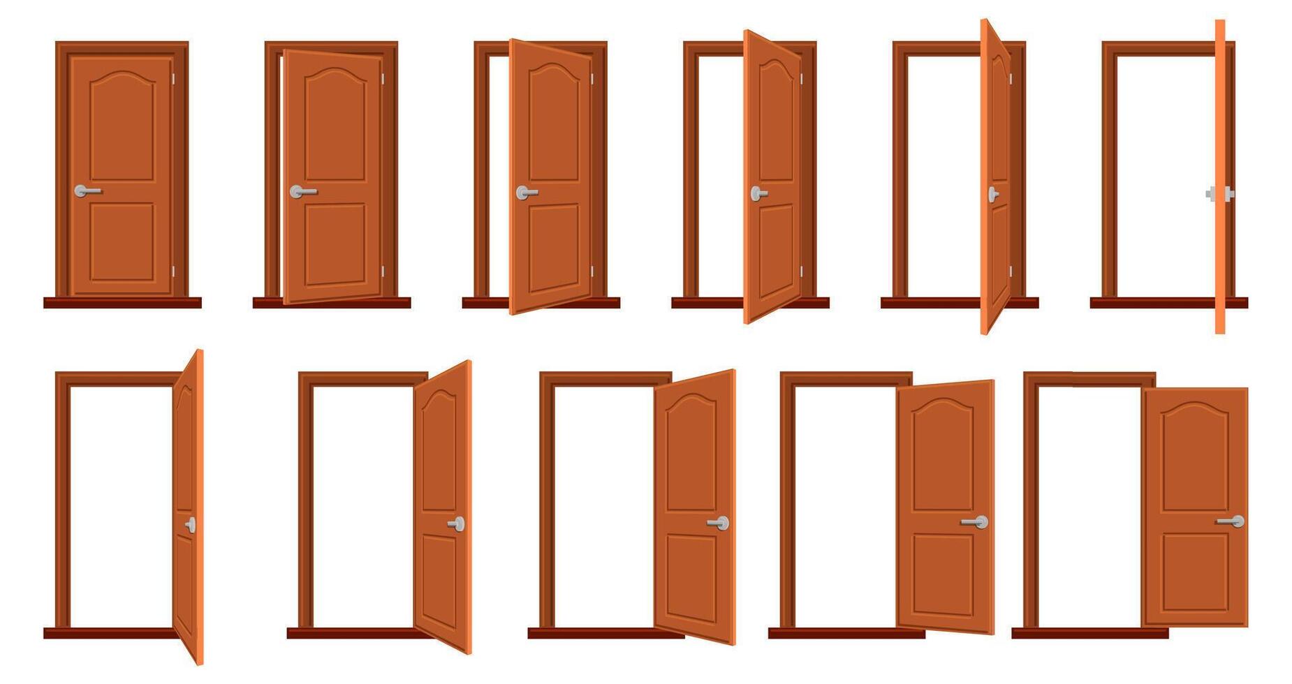 Door animation. Opened and closed wooden doors, sprite animation house entrance. Wood door in different position isolated vector illustration set