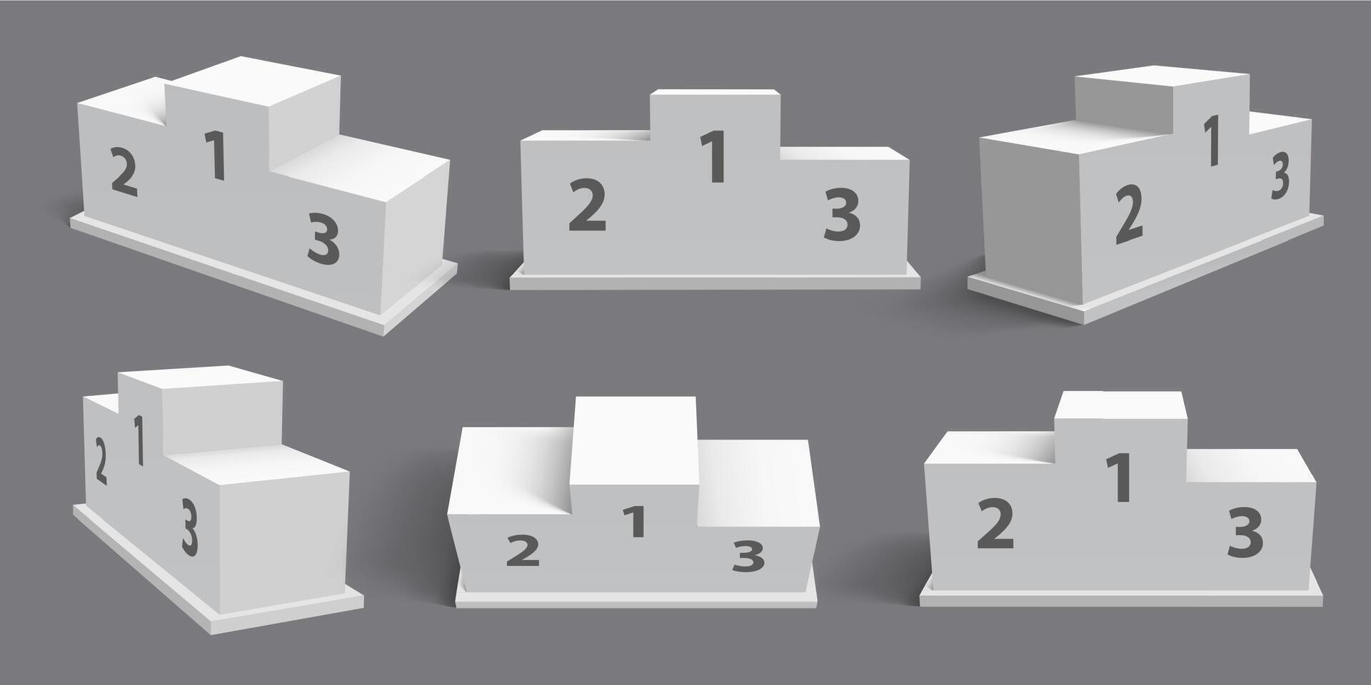 Winner podium. Realistic spotlight pedestal, stand stage. First, second, third place rewarding. Winners pedestal mockup vector illustration set