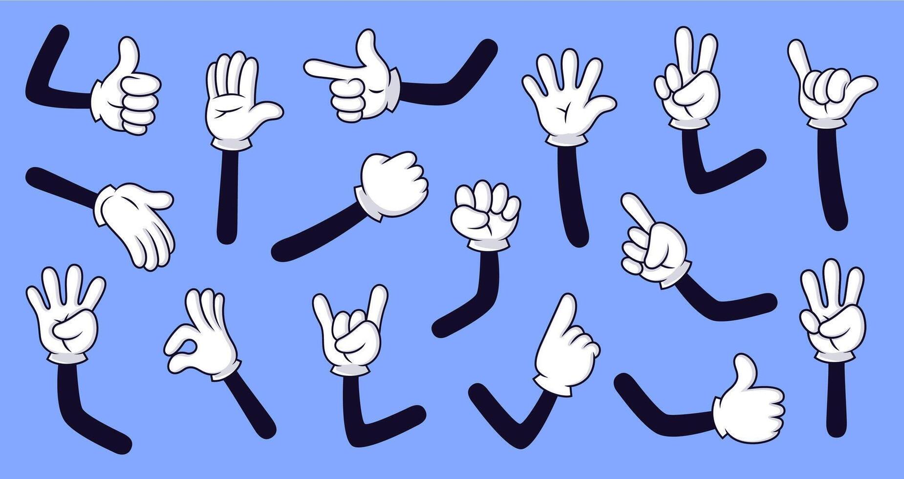Cartoon gloved arms. Comic hands in gloves, retro doodle arms with different gestures vector isolated illustration icons set. Funny hand drawn fingers. Sign language pack on blue background