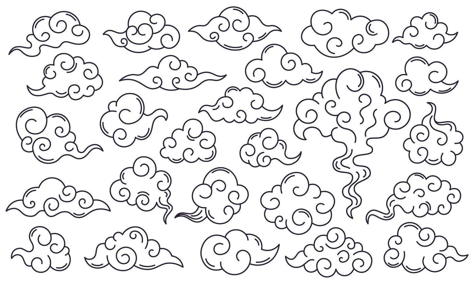 Asian decorative clouds. Oriental japan sky clouds, traditional chinese doodle decoration. Asian traditional clouds vector symbols set