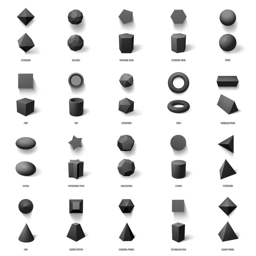 Realistic geometric 3D shapes. Basic geometric polygonal figures, cube, pyramid, sphere and prism model isolated vector illustration icons set