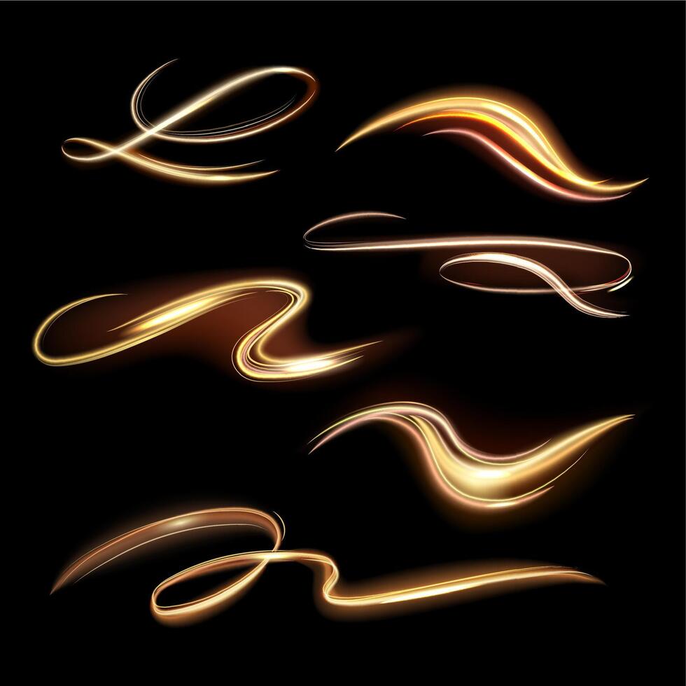 espiral brillante camino. energía dorado fuego, resplandor transparente caminos, espiral ligero efecto olas y hermosa ligero camino vector ilustración conjunto