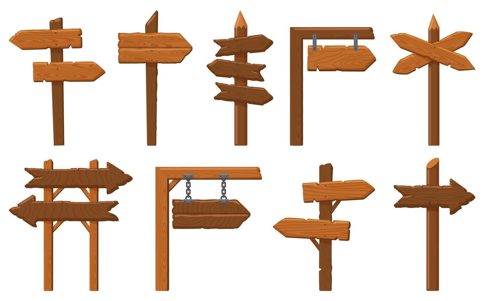 Wood direction signs. Wooden arrow signboard, vintage empty way direction signpost, old boards frame isolated vector illustration set