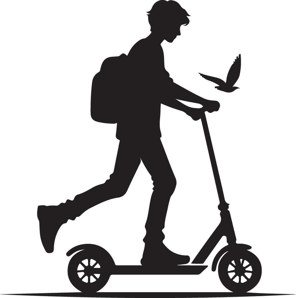 minimal Two wheeled Kick scooter with Raider vector silhouette, black color silhouette, white background 4