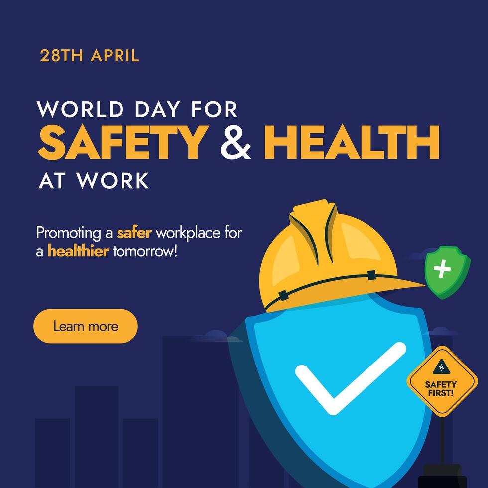 World Day for Safety and Health at Work. 28th April World day for safety and health at work awareness banner with protection shield and helmet on it. Providing aids, equipment's for workers safety. vector
