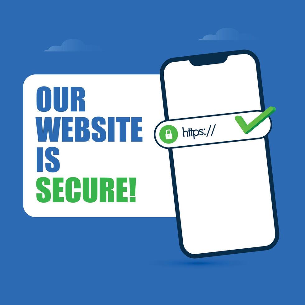 Secure HTTPS concept. Safe browsing and web surfing concept with mobile phone screen having search bar with Https written on it and padlock icon. Our website is secure. Website with SSL certificate vector