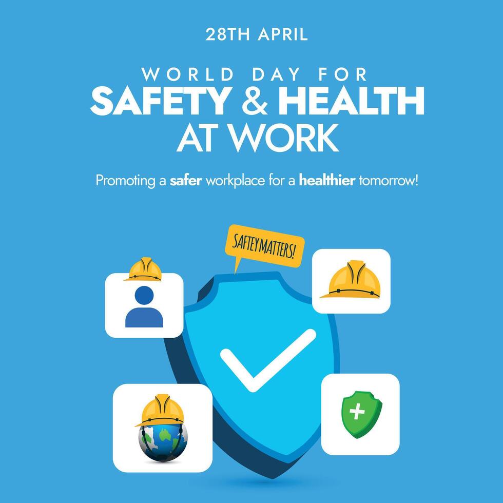 World Day For Safety and Health at Work. 28th April World day for safety and health at work with protection shield and icons around it to promote safety measures for workers health and security vector