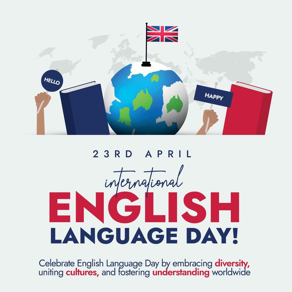 International English Language day. 23rd April English language day celebration social media post with silhouette world map, UK flag on earth globe, books and hands holding banners of happy, hello vector