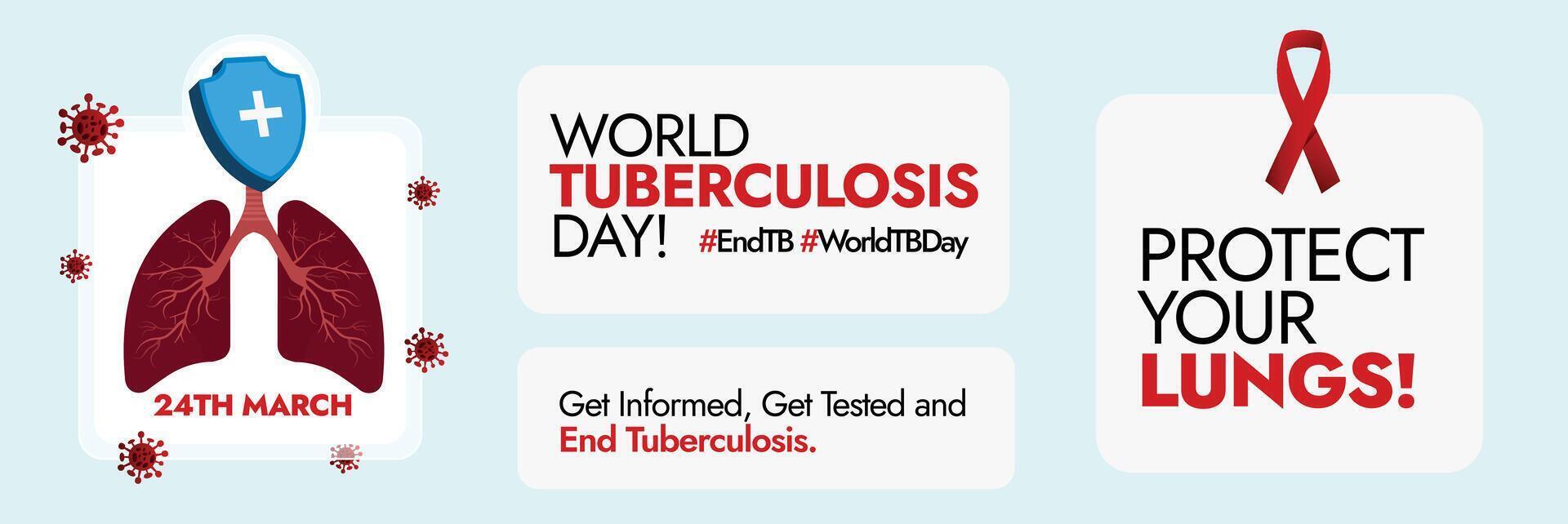 World Tuberculosis day. 24 march World TB day celebration social media banner with different labels, stickers about Tb awareness. Protect your lungs, get informed, get tested and end Tb. Red ribbon. vector