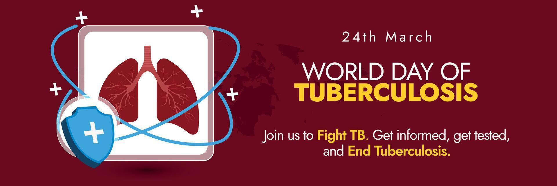 World Tuberculosis day. March 24th, World Tb day awareness, celebration cover banner in dark maroon colour with closeup of lungs and a safety shield protecting them. Awareness of Tuberculosis spread. vector