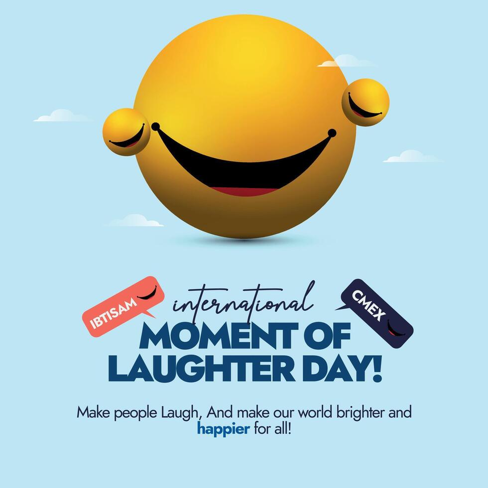 International moment of laughter day. 14th April International moment of laughter day celebration banner with yellow emoji having big smile with no eyes. Speech bubbles of laugh in different languages vector