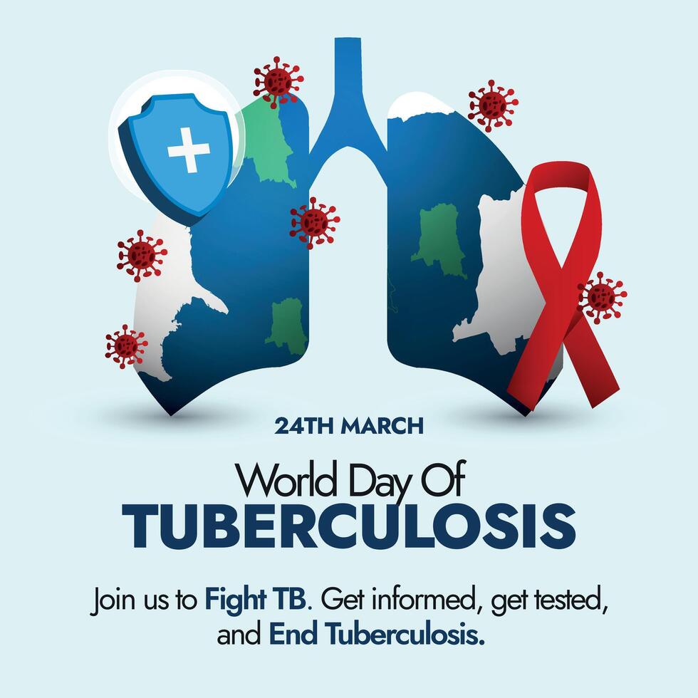 World Tuberculosis Day. 24th march World Tuberculosis Day celebration and awareness banner with earth globe in the shape on lungs pair, red ribbon, protection shield, bacteria cells. Yes We can end TB vector