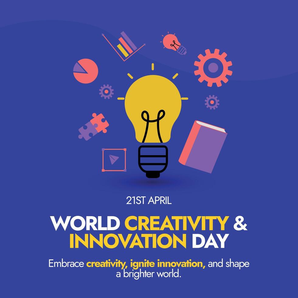 World Creativity and Innovation Day. 21st April World creativity and innovation day celebration banner with icons bulb, gear, book, puzzle pieces, bar chart, pie chart. Conceptual banner to explore vector