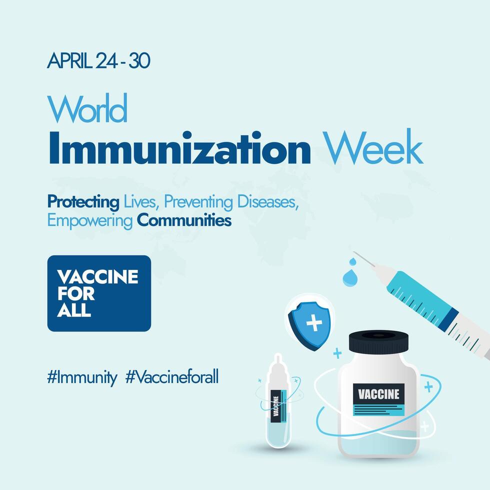 World Immunization week. World immunization week 2024 awareness banner with cute icons of syringe, vaccine bottle, protection shield in light cyan theme colour. Vaccine for all, immunity idea, concept vector