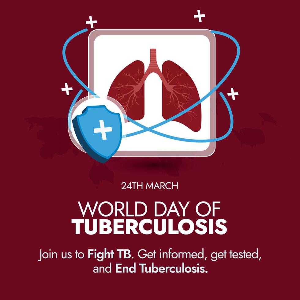 World Tuberculosis day. March 24th, World Tb day awareness, celebration banner in dark maroon colour with closeup of lungs and a safety shield protecting them. Awareness of Tuberculosis spread. vector