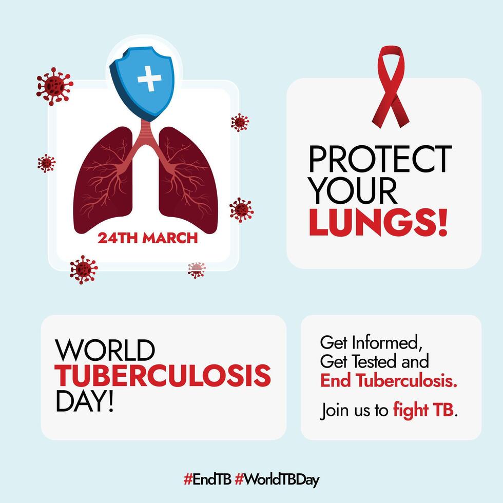 World Tuberculosis day. 24 March World TB day celebration banner with different labels, stickers about Tb awareness. Protect your lungs, get informed, get tested and end Tb. Lungs vector illustration