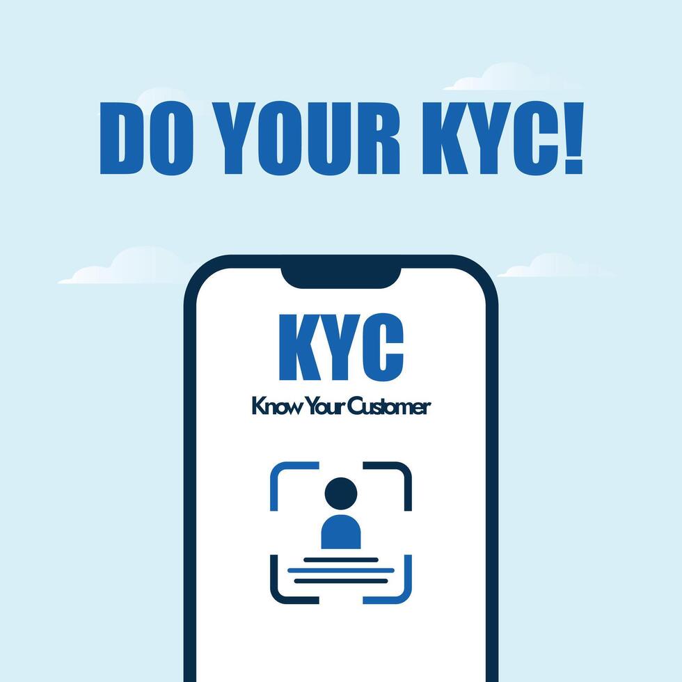 KYC awareness banner. Do your KYC banner with mobile screen profile and identification icon on it to ensure the data security. Know your customer or client for the safety from any fraud. vector