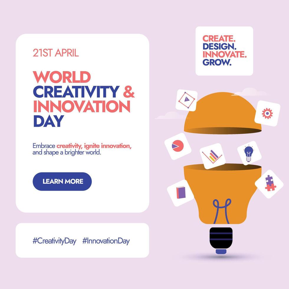 World Creativity and Innovation Day 21st April banner design. World creativity and innovation day celebration banner with a light bulb in half with cute icons of book, pie chart coming out of it. vector