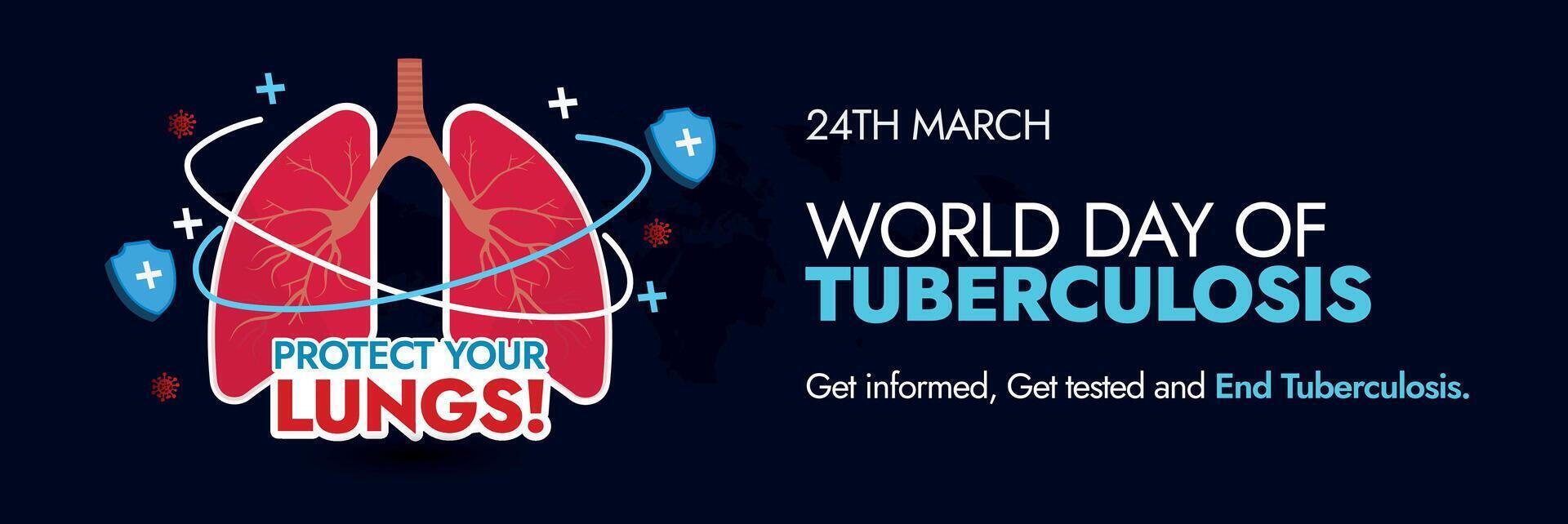 World Tuberculosis Day. 24th march World TB Day celebration banner in dark background with inside view of lungs protected by shields. Protect your lungs. Tuberculosis day awareness banner concept vector