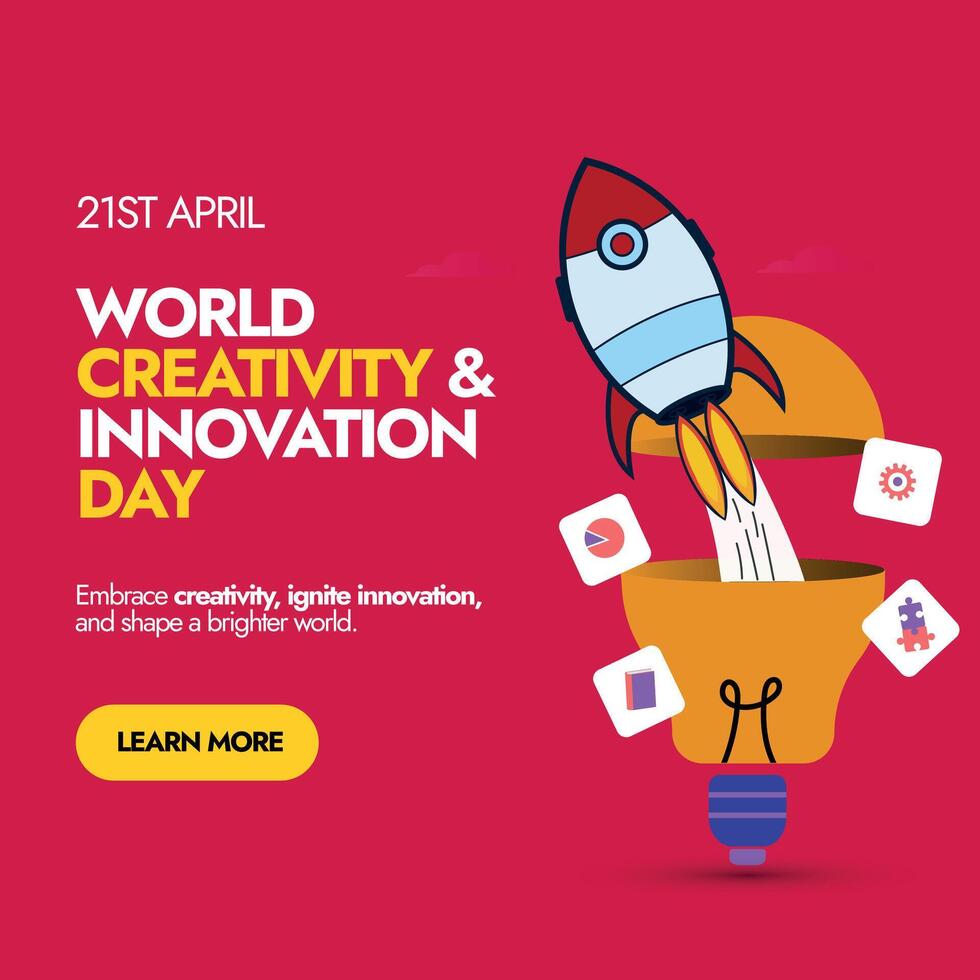 21 abril mundo creatividad y innovación día. mundo creatividad y innovación día social medios de comunicación enviar en oscuro rosado color con un bulbo y astronave lanzamiento desde eso con íconos de engranaje, libro, gráfico vector
