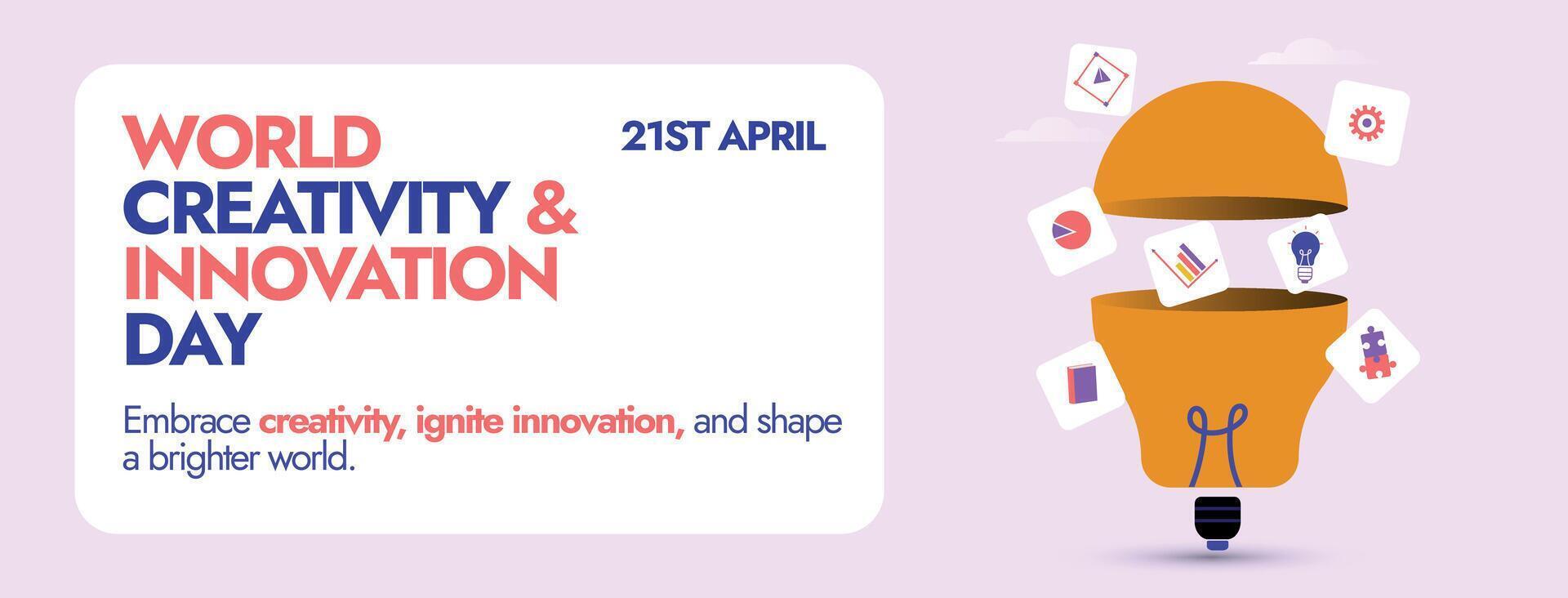 World Creativity and Innovation Day. 21st April World Creativity and Innovation Day celebration cover banner with innovative bulb icon in half and icons of gears, book, charts coming out of it. vector