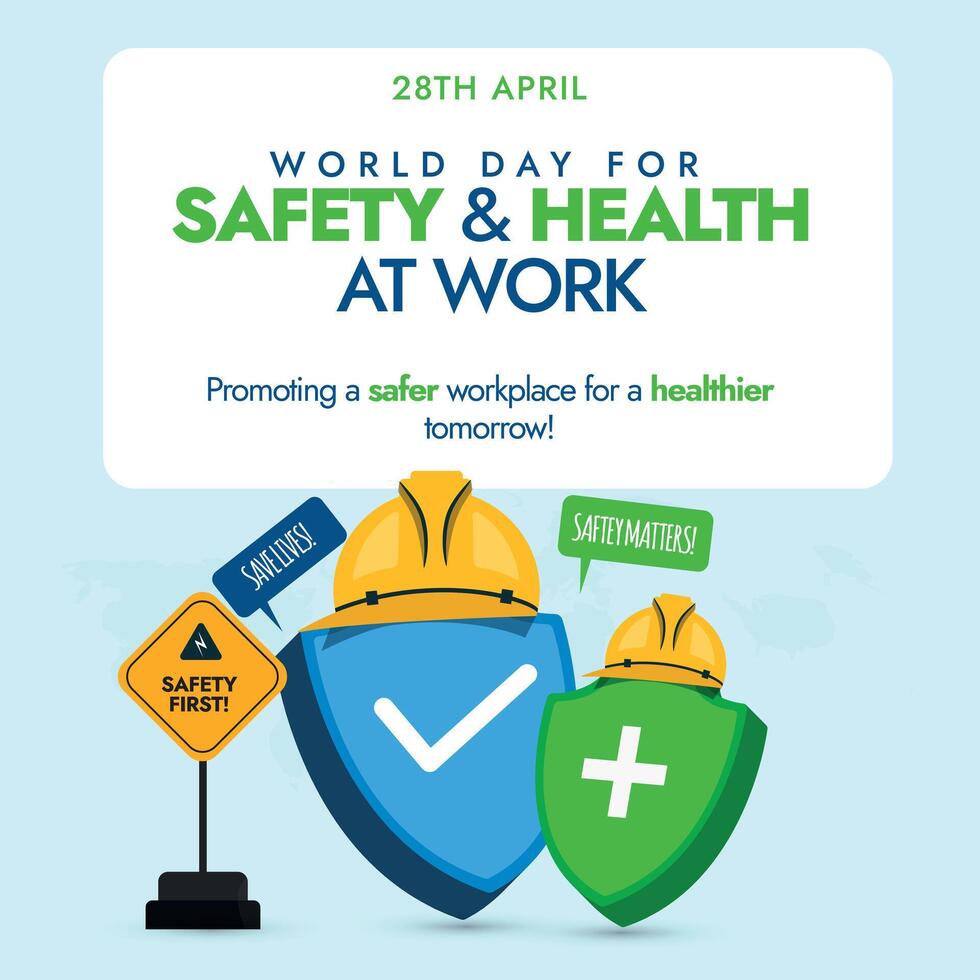 World day for safety and Health at Work. 28th April World day for safety and health at work celebration banner with icons of construction caps, shield, sign board. Concept banner for safety measures. vector