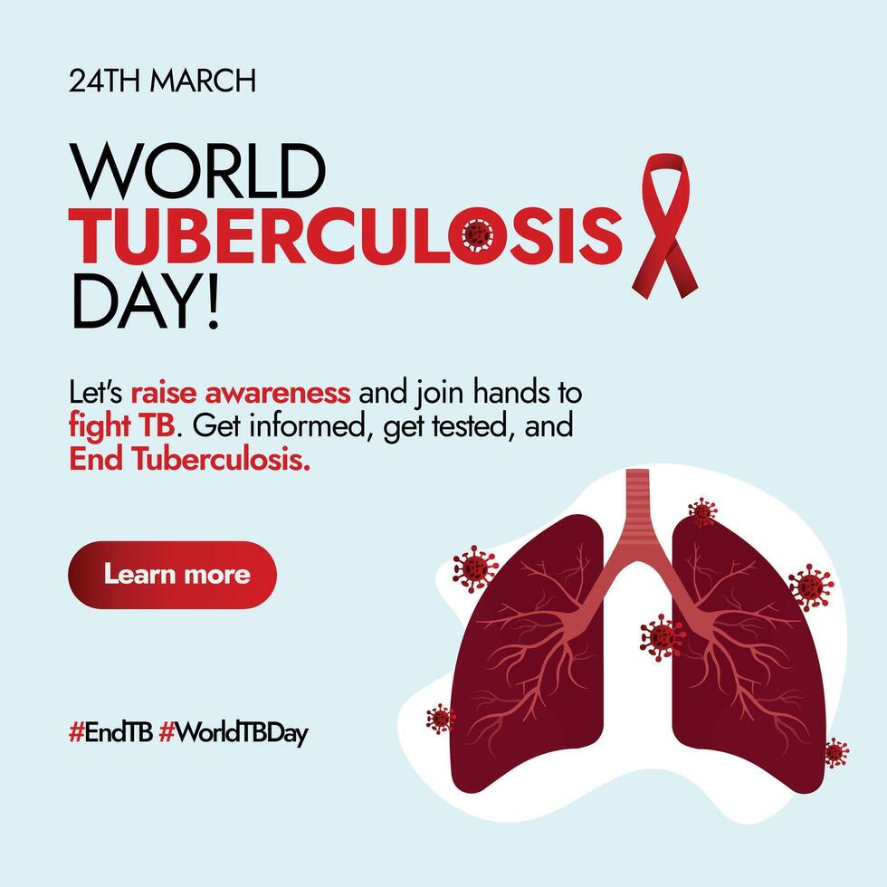 World TB day. World tuberculosis day 24th march awareness banner with red ribbon, closeup view of lungs and bacteria cells around them. Yes We Can End TB themed minimal and simple banner template vector