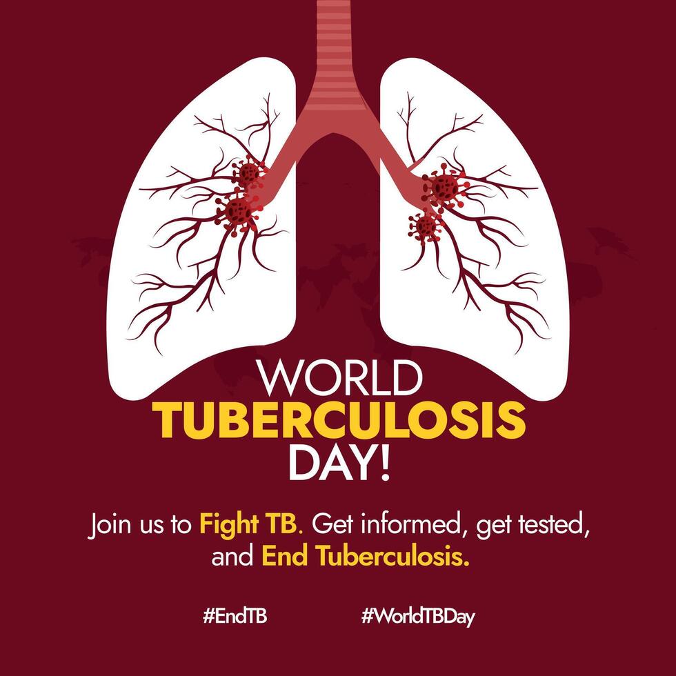 World Tuberculosis day. 24th march World TB day celebration banner with inside view of lungs with veins and bacteria cells. TB day simple and decent awareness banner in dark maroon background. vector