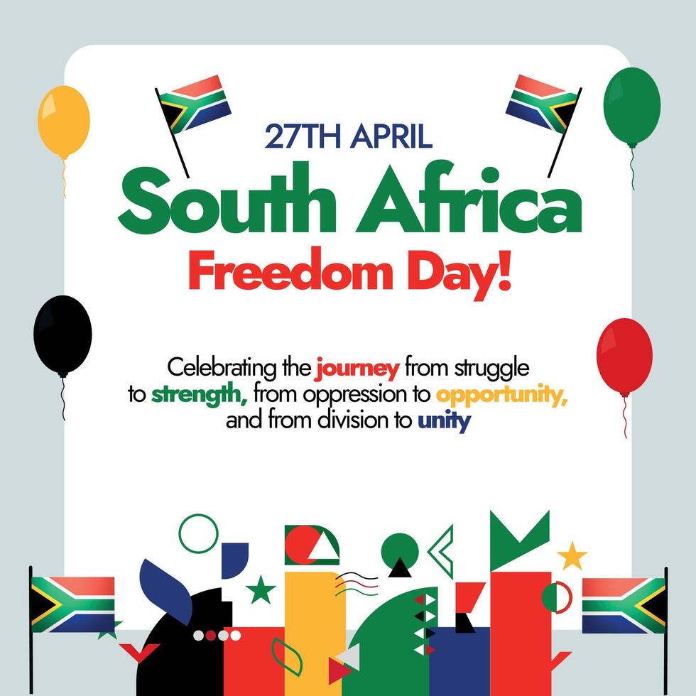South Africa Freedom Day design post. Includes South African flag and multiple geometric abstract shapes and patterns Vector illustration. 27th April. Vector illustration of Africa national day