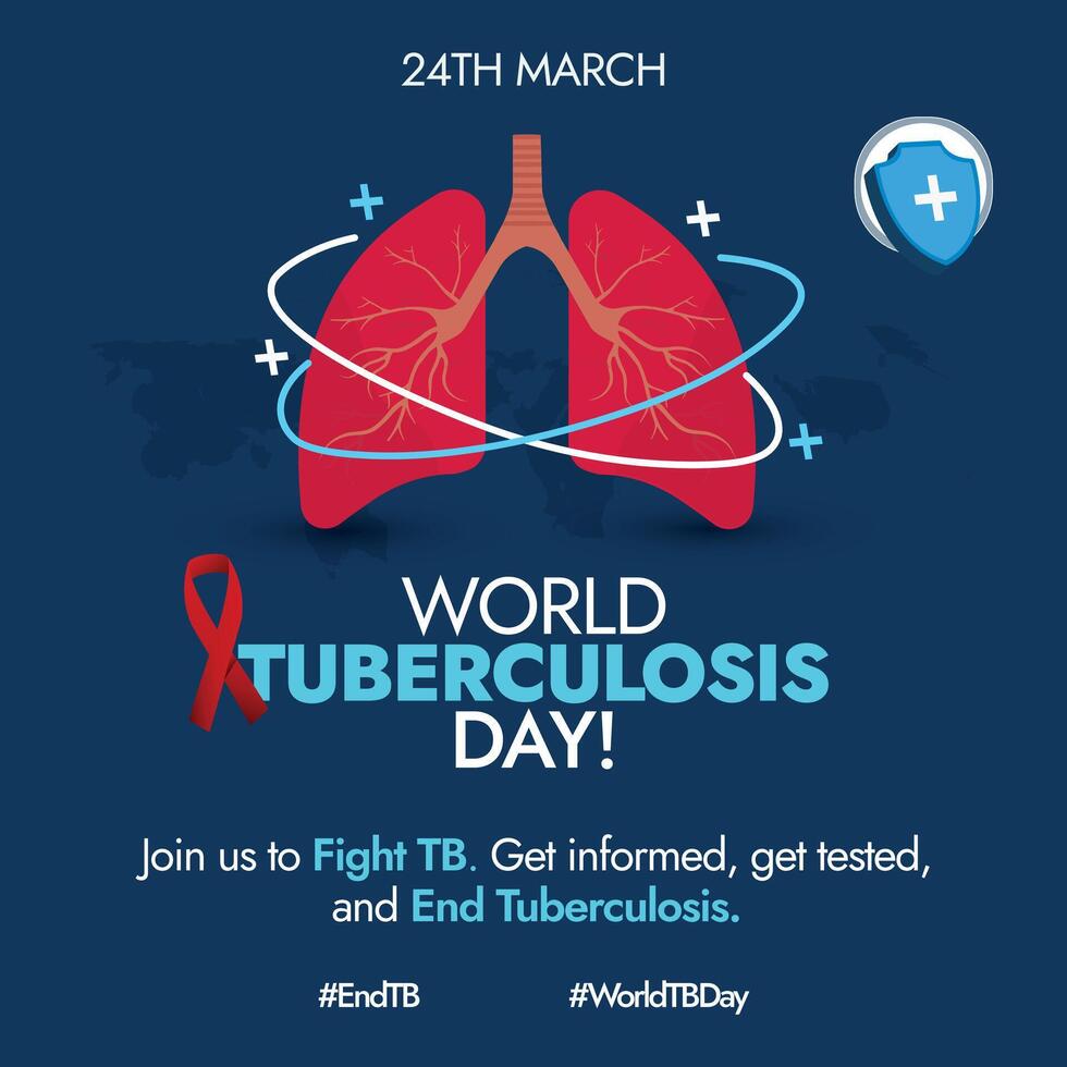 World Tuberculosis Day. 24th march World Tuberculosis Day awareness banner with silhouette world map, inside view of lungs, red ribbon, protection shield. Banner with hash tags End TB, World TB day. vector