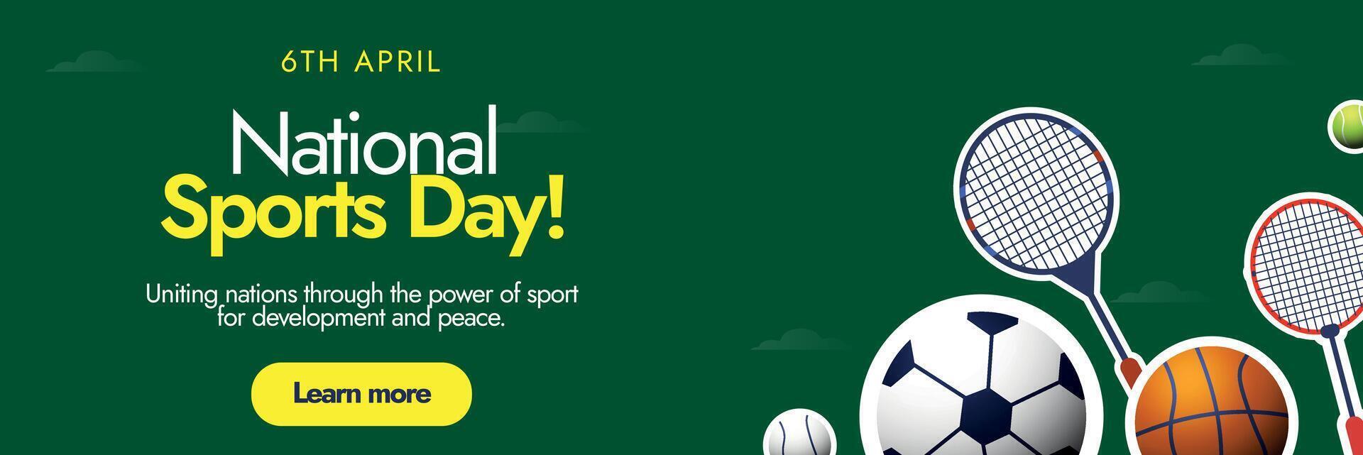 International Sports Day. 6th April National Sports day for development and peace celebration cover banner with different sports equipment and athlete gear tennis ball, racket on dark green background vector