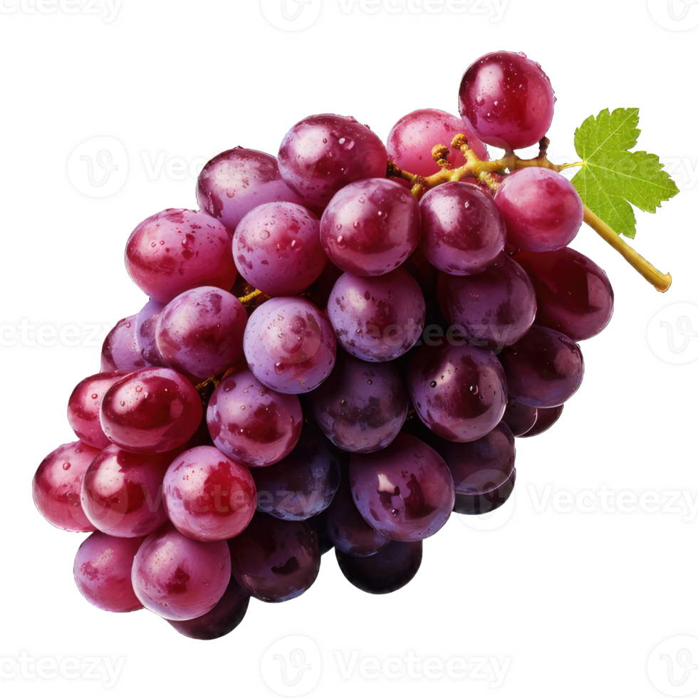 AI generated violet grapes on a Transparent background. ripe purple berries with green leaves. png