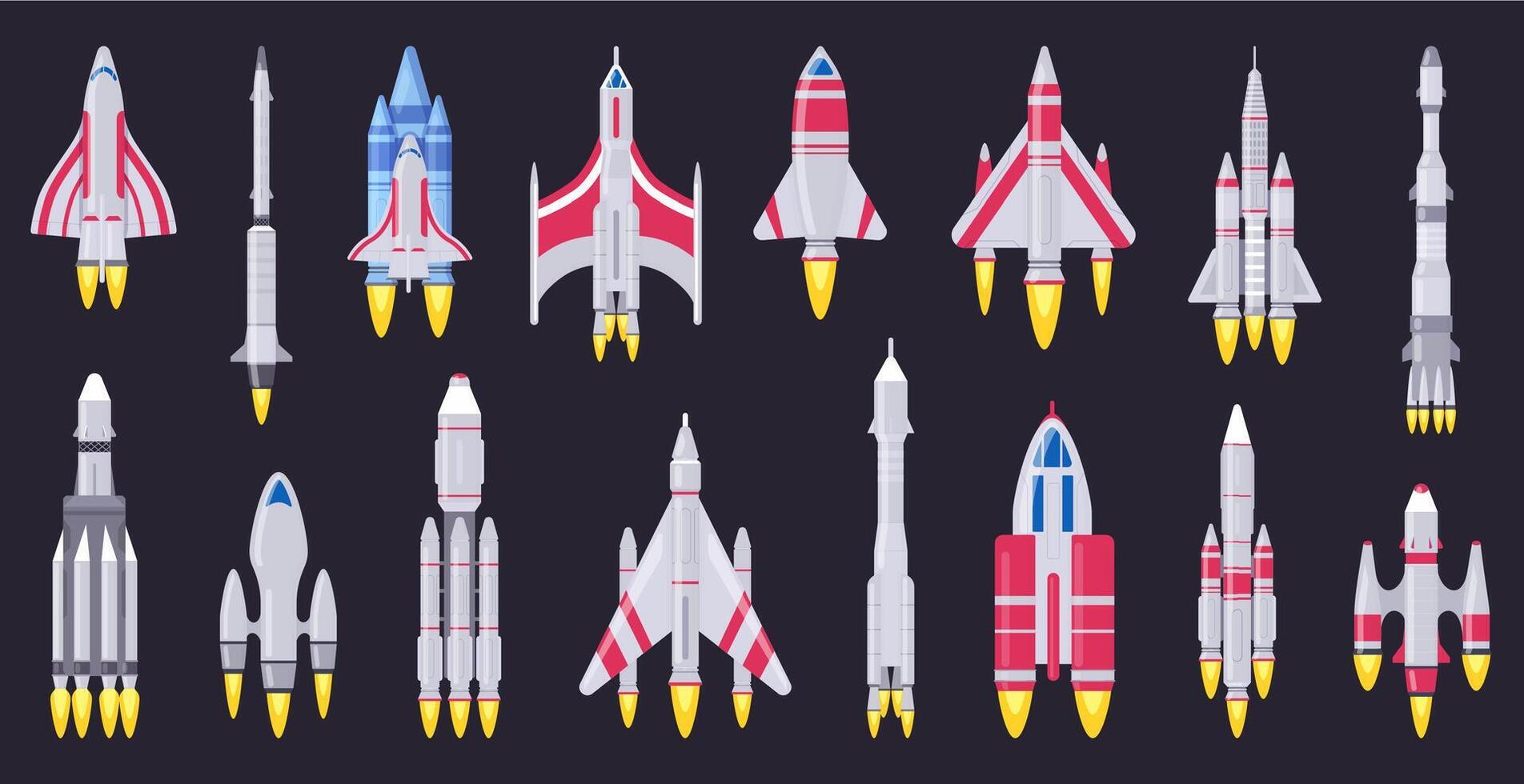 Spaceships vehicles. Space rocket, flying aerospace shuttle, spacecraft ships and ufo ships. Space rocket vehicles vector illustration set