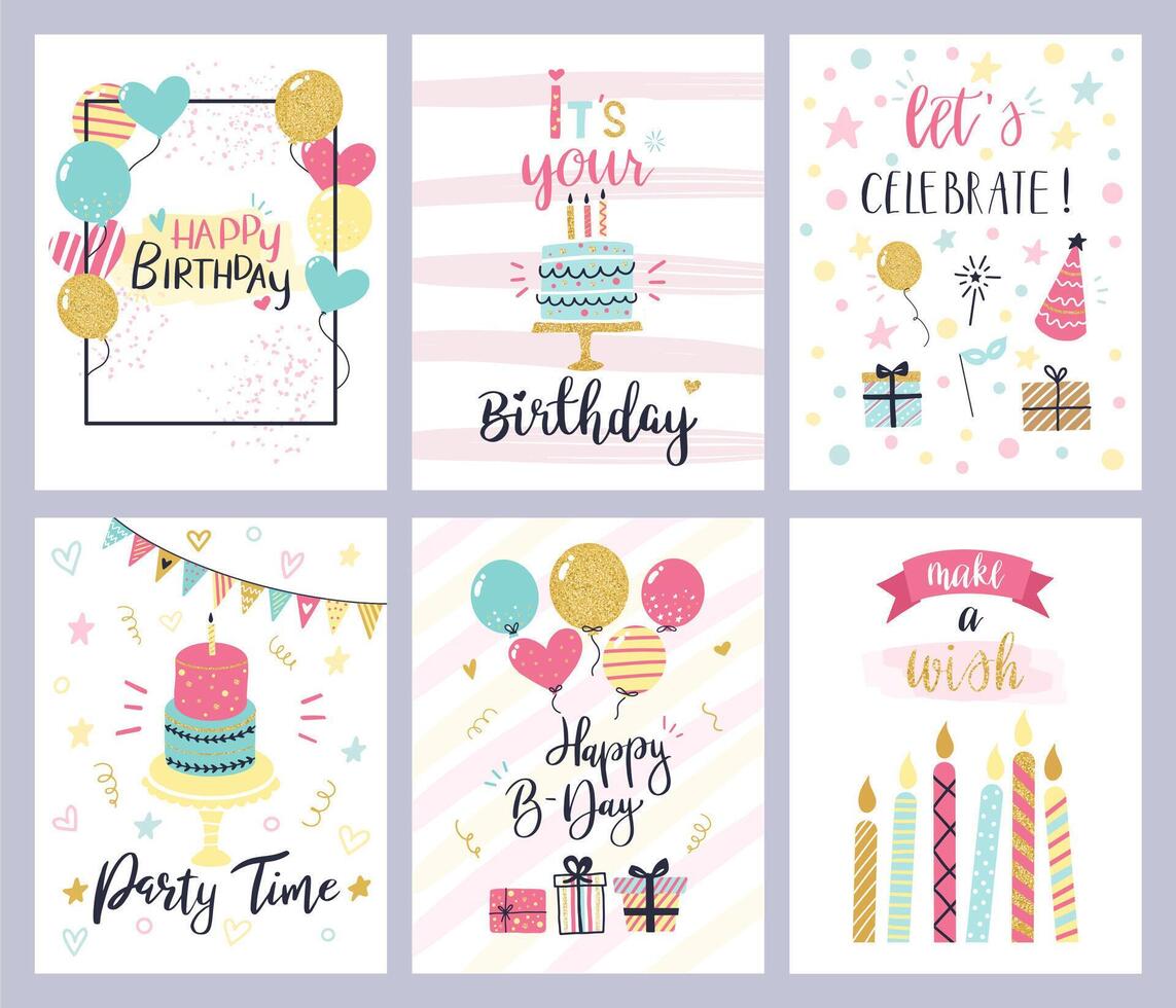 Birthday party cards. happy birthday pastel celebration postcards, invitation with candle, golden baloons and confetti, cake vector set