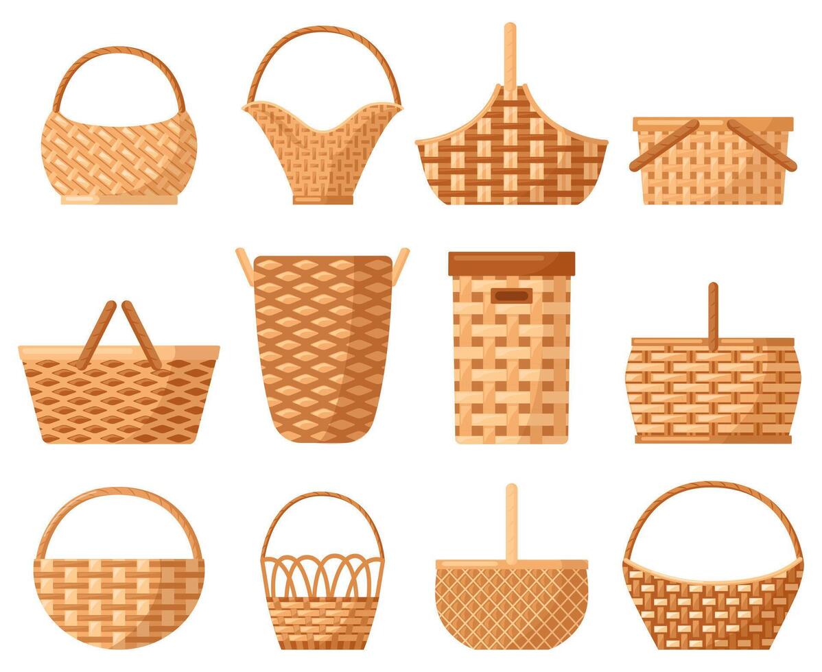 Wicker decorative basket. Traditional picnic willow basket with handle, baskets for outdoor dining. Wicker hampers vector illustration set