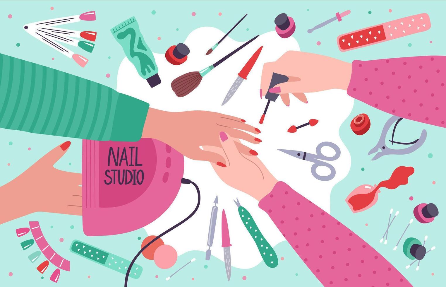 Nail salon. Manicure home service or salon procedure, fingernail care tools and gel polish equipment. Nail master work process vector illustration