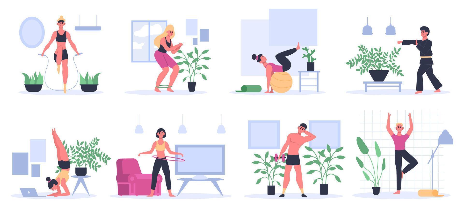 aptitud a hogar. personas hacer ejercicio, práctica yoga, hombre rutina de ejercicio con pesa, atlético mujer hogar rutina de ejercicio ocupaciones vector ilustración conjunto