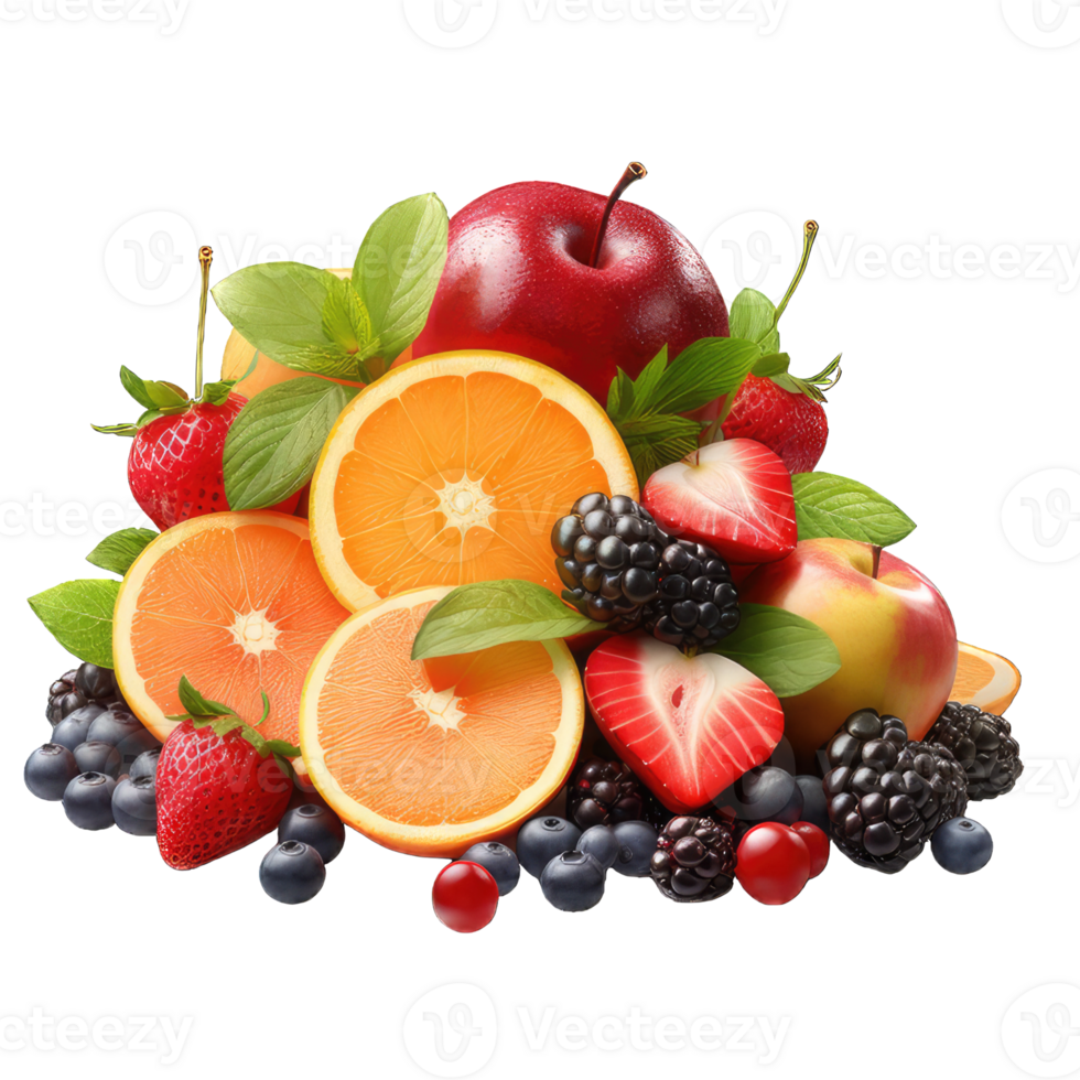 AI generated Fresh summer fruits with apple, grapes, berries, pear and apricot. on transparent Background PNG