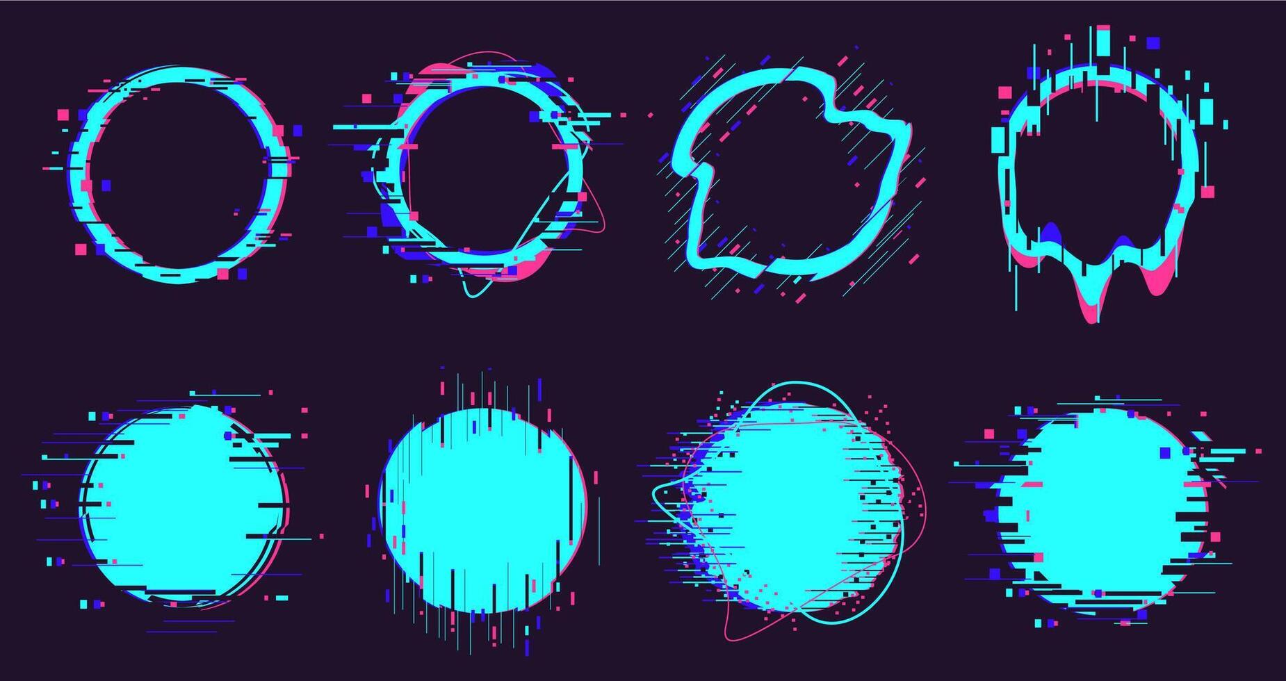 Glitch round frames. Circle distortion noise defect elements, pixel defect destroyed geometric shapes isolated vector illustration set