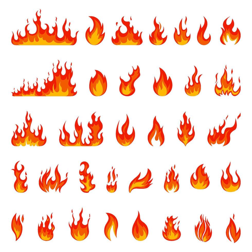 dibujos animados fuego. fuego bola de fuego, rojo caliente hoguera, amarillo calor fuego fatuo y hoguera, quemar poder ardiente siluetas aislado vector ilustración conjunto