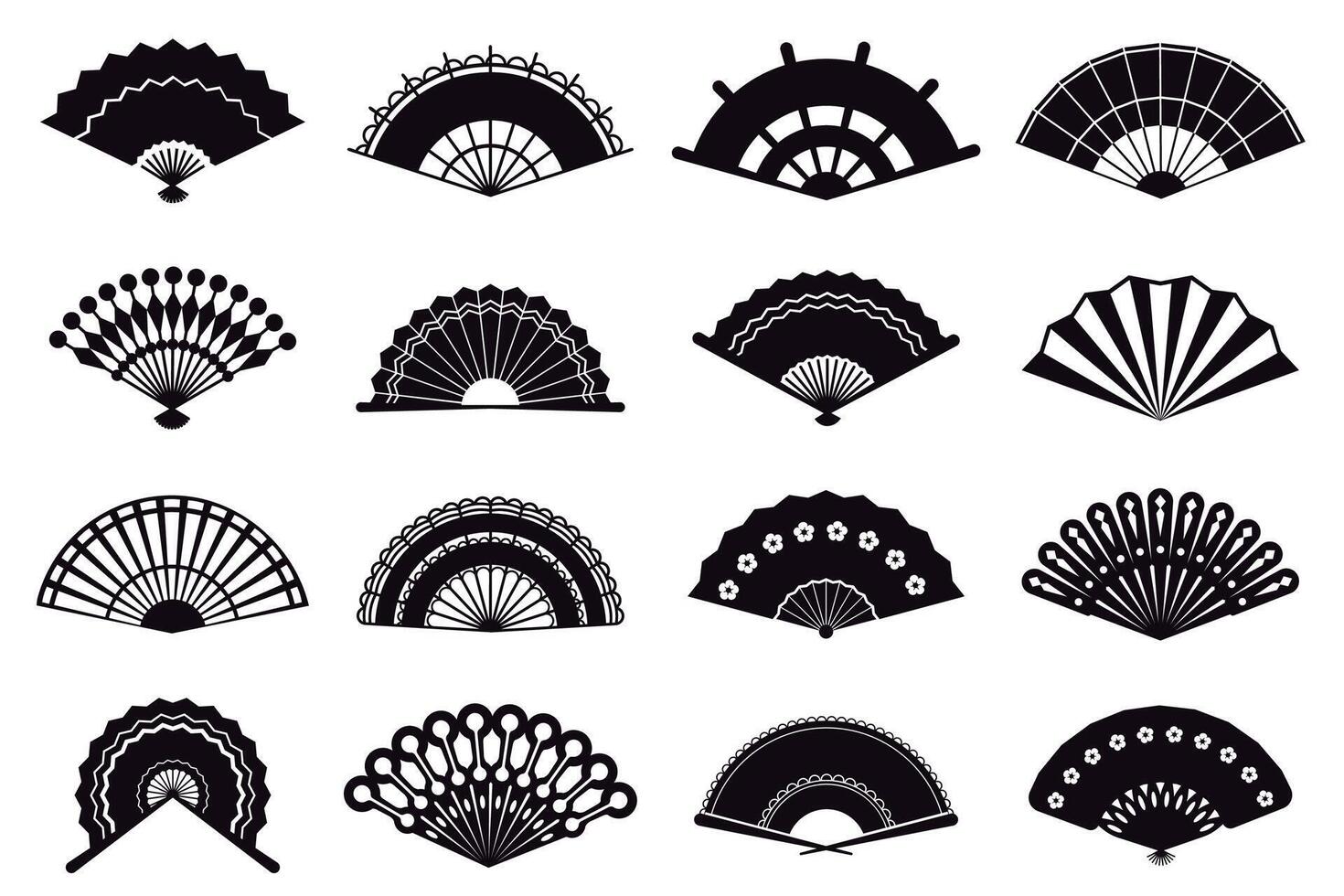 Hand fans silhouette. Asian traditional paper folding hand fans, graphic monochrome oriental paper folding fans vector illustration icons set